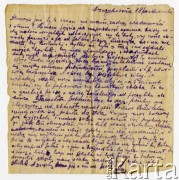 18.10.1917, Szczypiorno k/Kalisza, Polska.
List wysłany przez Juliusza Kamlera (1898-1919), żołnierza 1 Pułku Ułanów Legionów Polskich ze Szczypiorna do rodziców Amelii i Juliusza Leopolda Kamlerów zamieszkałych w Warszawie przy ulicy Pięknej. Juliusz Kamler został internowany w obozie w Szczypiornie w lipcu 1917 roku i przebywał tam do grudnia tego samego roku. Kamler w liście wyraża swoje zmartwienie z powodu braku wiadomości z domu, informuje o zmiejszeniu pomocy dla internowanych ze strony Polskiego Komitetu Opieki nad Jeńcami, w związku z czym musi sprzedawać resztki swojego mienia, aby zdobyć kawałek chleba.
Fot. zbiory Ośrdka KARTA, Pogotowie Archiwalne [PAF_004], udostępniła Anna Stańczykowska