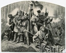 1863, Polska.
„Bitwa” - grafika z cyklu Polonia Artura Grottgera. Przedstawia jedną z bitew powstania styczniowego. 
Fot. NN, zbiory Biblioteki Polskiej im. Ignacego Domeyki w Buenos Aires (Biblioteca Polaca Ignacio Domeyko)