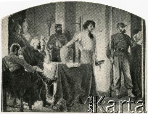 1863, Polska.
„Losowanie rekrutów” - grafika z cyklu Polonia Artura Grottgera. Przedstawia scenę losowania mężczyzn do carskiej armii.
Fot. NN, zbiory Biblioteki Polskiej im. Ignacego Domeyki w Buenos Aires (Biblioteca Polaca Ignacio Domeyko)