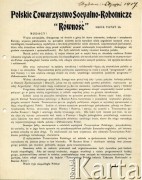 Styczeń 1917, Buenos Aires, Argentyna
Odezwa Polskiego Towarzystwa Socjalno-Robotniczego „Równość”  dotycząca zjednoczenia organizacji polonijnych w Argentynie i wspólnego działania na rzecz niepodległości Polski.
Fot. NN, zbiory Biblioteki Polskiej im. Ignacego Domeyki w Buenos Aires (Biblioteca Polaca Ignacio Domeyko)
[akta Bolesława Schreibera]