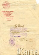 18.02.1936, Podkamień, pow. Broda, woj. tarnopolskie, Polska.
Świadectwo o nieuprawianiu żebraniny wydane dla Jana Półtoraka przez wójta gminy - Leopolda Trockiego i zatwierdzone w starostwie powiatowym w Brodach 26 lutego 1936 roku.
Fot. NN, kolekcja Janiny Półtorak, zbiory Biblioteki Polskiej im. Ignacego Domeyki w Buenos Aires (Biblioteca Polaca Ignacio Domeyko), reprodukcje cyfrowe w Ośrodku KARTA w Warszawie 



