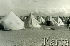 Lata 40., prawdopodobnie Irak.
Namioty obozowe.
Fot. NN, kolekcja 5 Kresowej Dywizji Piechoty, zbiory Biblioteki Polskiej im. Ignacego Domeyki w Buenos Aires (Biblioteca Polaca Ignacio Domeyko), reprodukcje cyfrowe w Ośrodku KARTA w Warszawie 



