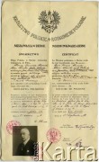 21.09.1918, Berno, Szwajcaria.
Świadectwo hrabiego Ksawerego Orłowskiiego zaświadczające o jego polskim obywatelstwie wydane przez Misję Polską w Bernie.
Fot. NN, kolekcja rodziny Orłowskich, zbiory Biblioteki Polskiej im. Ignacego Domeyki w Buenos Aires (Biblioteca Polaca Ignacio Domeyko), reprodukcje cyfrowe w Ośrodku KARTA w Warszawie