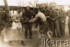 Przed 1949, Wielka Brytania.
Aleksander Walicki (oznaczony strzałką) – żołnierz Polskich Sił Zbrojnych na Zachodzie, walczył pod Monte Cassino - w towarzystwie kolegów-żołnierzy obserwuje walkę bokserską. 
Fot. NN, akta Aleksandra Walickiego, zbiory  Archiwum Ojców Franciszkanów w Polskiej Misji Katolickiej w Martin Coronado, reprodukcje cyfrowe w  Bibliotece Polskiej im. Ignacego Domeyki w Buenos Aires (Biblioteca Polaca Ignacio Domeyko) i w Ośrodku KARTA w Warszawie