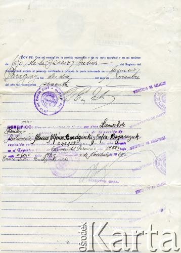 1960, Argentyna.
Akt małżeństwa Alojzego Brudzińskiego i Zofii Bojarczuk.
Fot. NN, kolekcja Zofii i Alojzego Brudzińskich, zbiory  Archiwum Ojców Franciszkanów w Polskiej Misji Katolickiej w Martin Coronado, reprodukcje cyfrowe w  Bibliotece Polskiej im. Ignacego Domeyki w Buenos Aires (Biblioteca Polaca Ignacio Domeyko) i w Ośrodku KARTA w Warszawie