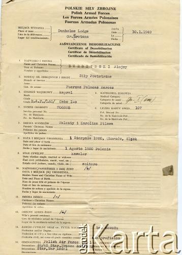 10.01.1940, Dunholme Logde, Wielka Brytania.
Dokument Alojzego Brudzińskiego dotyczący jego służby wojskowej.
Fot. NN, kolekcja Zofii i Alojzego Brudzińskich, zbiory  Archiwum Ojców Franciszkanów w Polskiej Misji Katolickiej w Martin Coronado, reprodukcje cyfrowe w  Bibliotece Polskiej im. Ignacego Domeyki w Buenos Aires (Biblioteca Polaca Ignacio Domeyko) i w Ośrodku KARTA w Warszawie