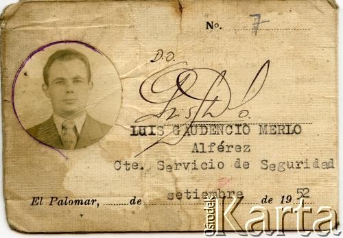 Wrzesień 1952, El Palomar, Argentyna.
Legitymacja Mieczysława Dominiaka (w czasie wojny żołnierz 1 Dywizji Pancernej gen. Maczka).
Fot. NN, kolekcja Hieronima Murawskiego, zbiory  Archiwum Ojców Franciszkanów w Polskiej Misji Katolickiej w Martin Coronado, reprodukcje cyfrowe w  Bibliotece Polskiej im. Ignacego Domeyki w Buenos Aires (Biblioteca Polaca Ignacio Domeyko) i w Ośrodku KARTA w Warszawie