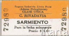 Bilet kolejowy na trasie Comodoro Rivadavia-Sarmiento.
Fot. NN, zbiory Museo Ferroportuario w Comodoro Rivadavia, reprodukcje cyfrowe w  Bibliotece Polskiej im. Ignacego Domeyki w Buenos Aires (Biblioteca Polaca Ignacio Domeyko) i w Ośrodku KARTA w Warszawie