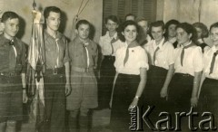Lata 50., Buenos Aires, Argentyna.
Poczet sztandarowy zastępu harcerzy i harcerki w mundurach.
Fot. NN, zbiory Polskiej Macierzy Szkolnej, reprodukcje cyfrowe w  Bibliotece Polskiej im. Ignacego Domeyki w Buenos Aires (Biblioteca Polaca Ignacio Domeyko) i w Ośrodku KARTA w Warszawie 



