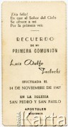 14.11.1965. Apostoles, Misiones, Argentyna.
Pamiątka I Komunii Świętej Luisa Adolfo Terleckiego. 
Fot. NN, zbiory Alberty Komisarski z Czajkowskich, reprodukcje cyfrowe w Bibliotece Polskiej im. Ignacego Domeyki w Buenos Aires (Biblioteca Polaca Ignacio Domeyko) i w Ośrodku KARTA w Warszawie 



