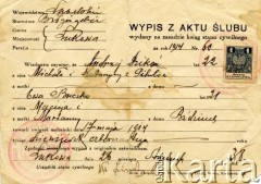 26.01.1938, Łukowa, Polska.
Wypis z aktu ślubu Andrzeja Dzikania i Marianny z Bździnich zawartego 17 maja 1914 roku.
Fot. NN, zbiory Władysława i Anny Firka, reprodukcje cyfrowe w Bibliotece Polskiej im. Ignacego Domeyki w Buenos Aires (Biblioteca Polaca Ignacio Domeyko) i w Ośrodku KARTA w Warszawie 



