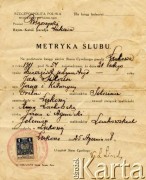 25.01.1938, Łukowa, Polska.
Metryka ślubu Jana Silezina syna Jana i Katarzyny z Orłów z Anna Lachowską córką Jana i Agnieszki Jeleń, zawartego w Łukowej w dniu 21 lutego 1911.
Fot. NN, zbiory Władysława i Anny Firka, reprodukcje cyfrowe w Bibliotece Polskiej im. Ignacego Domeyki w Buenos Aires (Biblioteca Polaca Ignacio Domeyko) i w Ośrodku KARTA w Warszawie 



