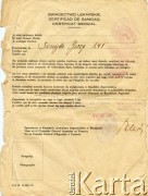 24.01.1938, Warszawa, Polska.
Świadectwo lekarskie Jerzego Senejko, syna Stefana i Enfrozyny z d. Parnak, urodzonego  27.09.1896 w Babicach w powiecie biłgorajskim, wystawione przez Komisariat Rządu m.st. Warszawy, Inspektora Emigracyjnego w Warszawie.
Fot. NN, zbiory Anastazji Senejko, reprodukcje cyfrowe w  Bibliotece Polskiej im. Ignacego Domeyki w Buenos Aires (Biblioteca Polaca Ignacio Domeyko) i w Ośrodku KARTA w Warszawie 
