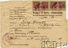 21.12.1937, Babice, Polska.
Wypis z aktu urodzenia dla Jerzego Senejki urodzonego 27.10.1896 roku syna Stefana i Eufrozymy z Parnaków.
Fot. NN, zbiory Anastazji Senejko, reprodukcje cyfrowe w  Bibliotece Polskiej im. Ignacego Domeyki w Buenos Aires (Biblioteca Polaca Ignacio Domeyko) i w Ośrodku KARTA w Warszawie 
