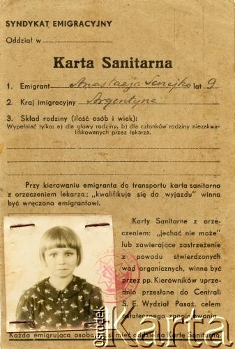 1938, Polska.
Karta sanitarna wystawiona dla Anastazji Senejko. 
Fot. NN, zbiory Anastazji Senejko, reprodukcje cyfrowe w  Bibliotece Polskiej im. Ignacego Domeyki w Buenos Aires (Biblioteca Polaca Ignacio Domeyko) i w Ośrodku KARTA w Warszawie 

