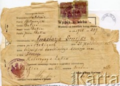 21.12.1937, Babice, pow. biłgorajski, woj. lubelskie, Polska.
Wypis z aktu urodzenia Anastazji Senejko, córki Katarzyny z Lubów i Jerzego.
Fot. NN, zbiory Anastazji Senejko, reprodukcje cyfrowe w  Bibliotece Polskiej im. Ignacego Domeyki w Buenos Aires (Biblioteca Polaca Ignacio Domeyko) i w Ośrodku KARTA w Warszawie 
