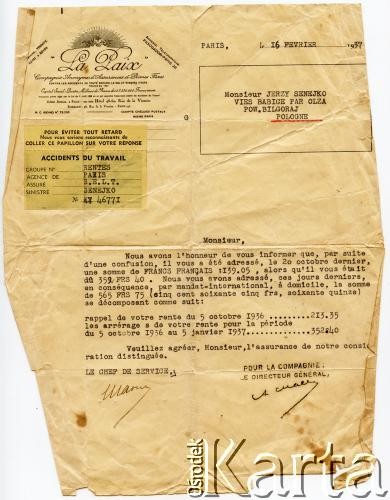 Lata 30., Paris, Francja.
Dokument w sprawie wypłacenia renty dla Jerzego Senejko.
Fot. NN, zbiory Anastazji Senejko, reprodukcje cyfrowe w  Bibliotece Polskiej im. Ignacego Domeyki w Buenos Aires (Biblioteca Polaca Ignacio Domeyko) i w Ośrodku KARTA w Warszawie 
