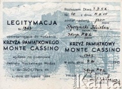 9.03.1945, brak daty.
Legitymacja upoważniająca do noszenia krzyża pamiątkowego Monte Cassino dla porucznika Zdzisława Styczyńskiego z 3 Karpackiej PAL.
Fot. NN, zbiory rodziny Szychowskich, reprodukcje cyfrowe w Bibliotece Polskiej im. Ignacego Domeyki w Buenos Aires (Biblioteca Polaca Ignacio Domeyko) i w Ośrodku KARTA w Warszawie 
