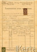 Początek XX wieku, wieś Hanczarów, parafia Obertyn, gmina Horodenka, powiat Stanisławów, Polska.
Świadectwo urodzenia i chrztu Karoliny córki Aleksego i Marii z Baranowskich, urodzonej 2 listopada 1886 roku w Hanczarowie. Karolina była matką Olgi Jaworskiej.
Fot. NN, zbiory Olgi Jaworskiej, reprodukcje cyfrowe w Bibliotece Polskiej im. Ignacego Domeyki w Buenos Aires (Biblioteca Polaca Ignacio Domeyko) i w Ośrodku KARTA w Warszawie 



