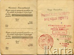 1938, Polska.
Strona paszportowa rodziny Franciszka Konerta  uprawniająca do jednorazowego wyjazdu zagranicę z wbitą wizą z dnia 22 kwietnia 1938 roku. Rodzina wyemigrowała do Wandy, a następnie do Gobernador Lanusse w1938 roku.
Fot. NN, udostępniła Maria Konert, reprodukcje cyfrowe w Bibliotece Polskiej im. Ignacego Domeyki w Buenos Aires (Biblioteca Polaca Ignacio Domeyko) i w Ośrodku KARTA w Warszawie 



