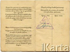 1938, Polska.
Strona paszportowa rodziny Franciszka Konerta uprawniająca do jednorazowego wyjazdu zagranicę z wbitą wizą z dnia 22 kwietnia 1938 roku. Rodzina wyemigrowała do Wandy, a następnie do Gobernador Lanusse w1938 roku.
Fot. NN, udostępniła Maria Konert, reprodukcje cyfrowe w Bibliotece Polskiej im. Ignacego Domeyki w Buenos Aires (Biblioteca Polaca Ignacio Domeyko) i w Ośrodku KARTA w Warszawie 



