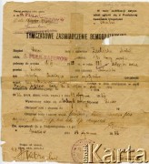 1922, Kraków, Polska.
Tymczasowe Zaświadczenie Demobilizacyjne sapera Michała Zacharki.
Fot. NN, zbiory Adeli Kozlowski i Eugeniusza Zacharko, reprodukcje cyfrowe w  Bibliotece Polskiej im. Ignacego Domeyki w Buenos Aires (Biblioteca Polaca Ignacio Domeyko) i w Ośrodku KARTA w Warszawie
