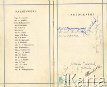 29.01.1949, Londyn, Wielka Brytania.
Lista pasażerów płynących statkiem Royal Mail z Londynu do Hiszpanii, Portugalii, na Wyspy Kanaryjskie, do Argentyny i Urugwaju.
Fot. NN, zbiory Andresa Jozwickiego, reprodukcje cyfrowe w Bibliotece Polskiej im. Ignacego Domeyki w Buenos Aires (Biblioteca Polaca Ignacio Domeyko) i w Ośrodku KARTA w Warszawie.
