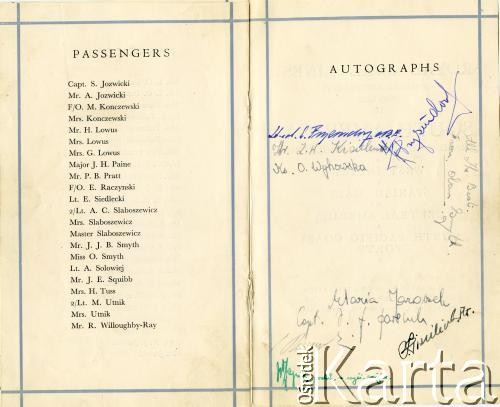 29.01.1949, Londyn, Wielka Brytania.
Lista pasażerów płynących statkiem Royal Mail z Londynu do Hiszpanii, Portugalii, na Wyspy Kanaryjskie, do Argentyny i Urugwaju.
Fot. NN, zbiory Andresa Jozwickiego, reprodukcje cyfrowe w Bibliotece Polskiej im. Ignacego Domeyki w Buenos Aires (Biblioteca Polaca Ignacio Domeyko) i w Ośrodku KARTA w Warszawie.
