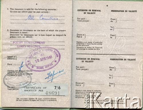 15.10.1946, Londyn, Wielka Brytania.
Paszport Stanisława Jóźwickiego.
Fot. NN, zbiory Andresa Jozwickiego, reprodukcje cyfrowe w Bibliotece Polskiej im. Ignacego Domeyki w Buenos Aires (Biblioteca Polaca Ignacio Domeyko) i w Ośrodku KARTA w Warszawie.