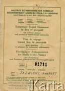 1947-1948, Wielka Brytania.
Paszport Andrzeja Jóźwickiego.
Fot. NN, zbiory Andresa Jozwickiego, reprodukcje cyfrowe w Bibliotece Polskiej im. Ignacego Domeyki w Buenos Aires (Biblioteca Polaca Ignacio Domeyko) i w Ośrodku KARTA w Warszawie.
