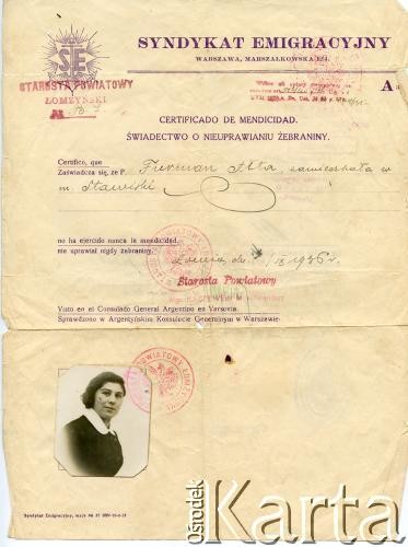 Wrzesień 1936, Łomża, Polska.
Świadectwo o nieuprawianiu żebraniny wydane dla Ałty Furman, wystawione przez Starostę Powiatowego Łomżyńskiego dla Syndykatu Emigracyjnego w Warszawie.
Fot. NN, zbiory Reginy Gaski, reprodukcje cyfrowe w  Bibliotece Polskiej im. Ignacego Domeyki w Buenos Aires (Biblioteca Polaca Ignacio Domeyko) i w Ośrodku KARTA w Warszawie.