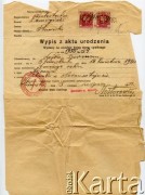 3.08.1936, Stawiska, Polska.
Wypis z aktu urodzenia Lejby Furman.
Fot. NN, zbiory Reginy Gaski, reprodukcje cyfrowe w  Bibliotece Polskiej im. Ignacego Domeyki w Buenos Aires (Biblioteca Polaca Ignacio Domeyko) i w Ośrodku KARTA w Warszawie.