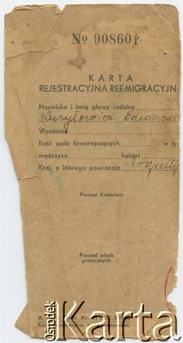 Karta rejestracyjna reemigracyjna dołączona do paszportu Edwarda Kuryłowicza (ur. 1921 r., w 1938 r. wyemigrował z rodziną do Argentyny).
Fot. NN, zbiory Leokadii Kuryłowicz, reprodukcje cyfrowe w Bibliotece Polskiej im. Ignacego Domeyki w Buenos Aires (Biblioteca Polaca Ignacio Domeyko) i w Ośrodku KARTA w Warszawie.