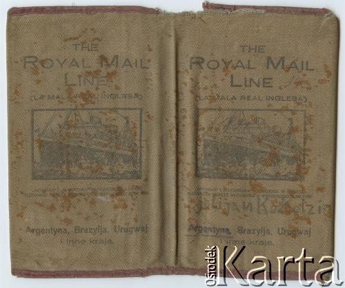 Wykonana z tkaniny obwoluta na bilet okrętowy do Argentyny. Należało do Juljana Kołodzieja, który przypłynął do Argentyny w 1929 roku.
Fot. NN, udostępnił Alfredo Kołodziej, reprodukcje cyfrowe w Bibliotece Polskiej im. Ignacego Domeyki w Buenos Aires (Biblioteca Polaca Ignacio Domeyko) i w Ośrodku KARTA w Warszawie.
