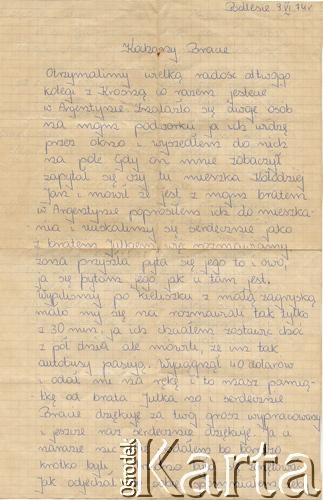 9.06.1974, Podlesie. List Jana Kołodzieja do brata Juljana, który wyemigrował do Argentyny. Strona 1.
Fot. NN, udostępnił Alfredo Kołodziej, reprodukcje cyfrowe w Bibliotece Polskiej im. Ignacego Domeyki w Buenos Aires (Biblioteca Polaca Ignacio Domeyko) i w Ośrodku KARTA w Warszawie.