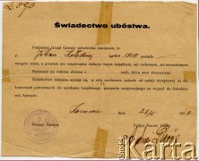 22.02.1929. Świadectwo ubóstwa Juljana Kołodzieja. Zwalniało go z wnoszenia opłat stemplowych na dokumentach potrzebnych do uzyskania bezpłatnego paszportu. Strona 1.
Fot. NN, udostępnił Alfredo Kołodziej, reprodukcje cyfrowe w Bibliotece Polskiej im. Ignacego Domeyki w Buenos Aires (Biblioteca Polaca Ignacio Domeyko) i w Ośrodku KARTA w Warszawie.