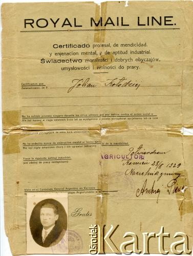 22.02.1929. Świadectwo moralności, dobrych obyczajów i umysłowości i zdolności do pracy. Zostało wystawione dla Juljana Kołodzieja. Strona 1.
Fot. NN, udostępnił Alfredo Kołodziej, reprodukcje cyfrowe w Bibliotece Polskiej im. Ignacego Domeyki w Buenos Aires (Biblioteca Polaca Ignacio Domeyko) i w Ośrodku KARTA w Warszawie.