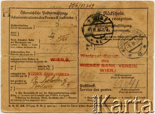 Karta przekazu pieniężnego, który nadał Juljan Kołodziej swojej rodzinie w Polsce. Strona 1.
Fot. NN, udostępnił Alfredo Kołodziej, reprodukcje cyfrowe w Bibliotece Polskiej im. Ignacego Domeyki w Buenos Aires (Biblioteca Polaca Ignacio Domeyko) i w Ośrodku KARTA w Warszawie.