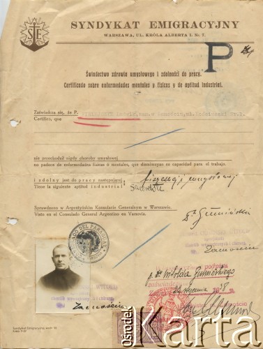 Świadectwo zdrowia umysłowego i zdolności do pracy wystawione dla Ludwika Firlejczyka przez Syndykat Emigracyjny w dniu 7.06.1938 w Warszawie. Strona 1.
Fot. NN, ze zbiorów Archivo Historico-Central 