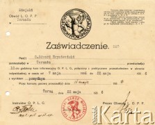 Zaświadczenie o ukończeniu kursu Obrony Przeciwlotniczo Gazowej wydane 22.05.1936 r. przez Ligę Obrony Powietrznej i Przeciwgazowej dla ojca Edwarda Hryniewickiego. Fragment zaświadczenia: 