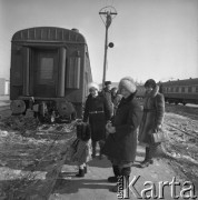 1977, prawdopodobnie Berkakit, Jakucka Autonomiczna Socjalistyczna Republika Radziecka, ZSRR.
Budowa Kolei Amursko-Jakuckiej na odcinku między Tyndą a Berkakit, zwanym Małym BAM (Małą Bajkalsko-Amurską Magistralą Kolejową). Grupa kobiet stoi na nowootwartym peronie stacji.
Fot. Mikołaj Nesterowicz, zbiory Ośrodka KARTA