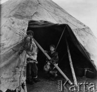 Lata 70., obwód magadański, Rosyjska Federacyjna Socjalistyczna Republika Radziecka, ZSRR.
Dzieci przy wejściu do jurty w osadzie Ewenów (Lamutów) w tundrze.
Fot. Mikołaj Nesterowicz, zbiory Ośrodka KARTA