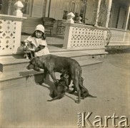 Ok. 1918, Polska.
Dwór Plater-Zyberk. Na schodach z psem siedzi Wanda Plater-Zyberk (córka Antoniny i Henryka Michała hr. z Broelu, później matka Jana Murzynowskiego, męża Barbary Murzynowskiej).
Fot. NN, kolekcja Barbary Murzynowskiej, reprodukcje cyfrowe w Ośrodku KARTA