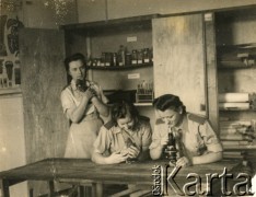 24.07.1944, brak miejsca.
Koleżanki Stefanii Szponar (starszej siostry Teresy Zapaśnik) z Pomocniczej Służby Kobiet przy Polskich Siłach Zbrojnych na Zachodzie. Stoją od lewej: Janina Delmanowicz, Janina Olesiówna, Zofia Figol.
Fot. NN, kolekcja Teresy i Andrzeja Zapaśników, reprodukcje cyfrowe w Ośrodku KARTA