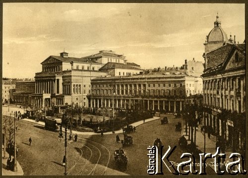 1900-1914, Warszawa, Królestwo Polskie.
Plac Teatralny. Widok na Teatr Wielki od ulicy Senatorskiej. 
Fot. NN, kolekcja tematyczna: architektura Warszawy w latach 1900-1914, zbiory Ośrodka KARTA