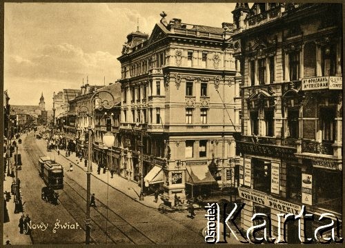 1900-1914, Warszawa, Królestwo Polskie.
Ulica Nowy Świat. Widok w stronę ulicy Krakowskie Przedmieście. Pierwsza z prawej kamienica Artura Spitzbartha.
Fot. NN, kolekcja tematyczna: architektura Warszawy w latach 1900-1914, zbiory Ośrodka KARTA