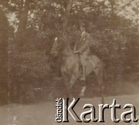 1900-1920, miejsce nieznane.
Męzczyzna na koniu. W tle drzewa.
Fot. NN, kolekcja rodziny Walińskich, zbiory Fundacji Ośrodka KARTA