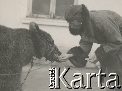 1930-1940, miejsce nieznane, Polska.
Kobieta z niedźwiedziem.
Fot. NN, kolekcja rodziny Walińskich, zbiory Fundacji Ośrodka KARTA