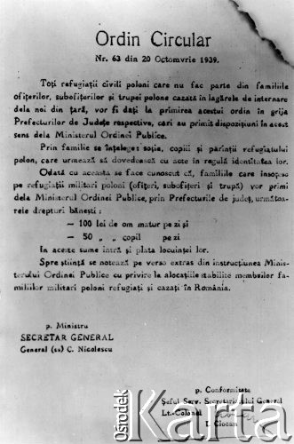 20.10.1939, Rumunia
Dokument władz rumuńskich przyznający pomoc finansową rodzinom polskich żołnierzy pozostających w obozach internowania.
Fot. NN, zbiory Ośrodka KARTA, udostępnił Tadeusz Dubicki.