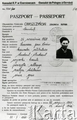 22.02.1940, Czerniowce, Rumunia
Paszport Zbigniewa Chaszczyńskiego wydany przez Konsulat R.P. w Czerniowcach 22 lutego 1940 r.
Fot. NN, zbiory Ośrodka KARTA, udostępnił Tadeusz Dubicki.